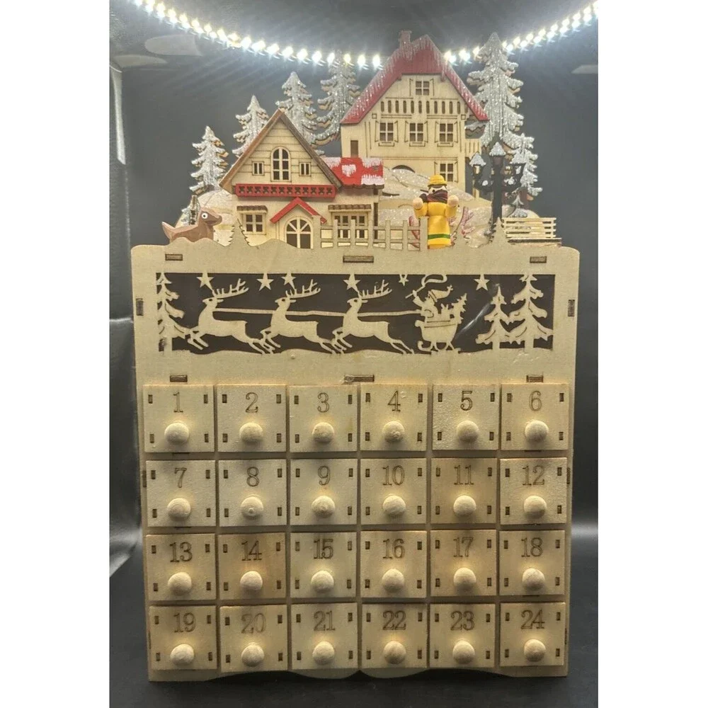 Wooden Advent Calendar Battery Operated 24 drawer Christmas Holiday Works 14